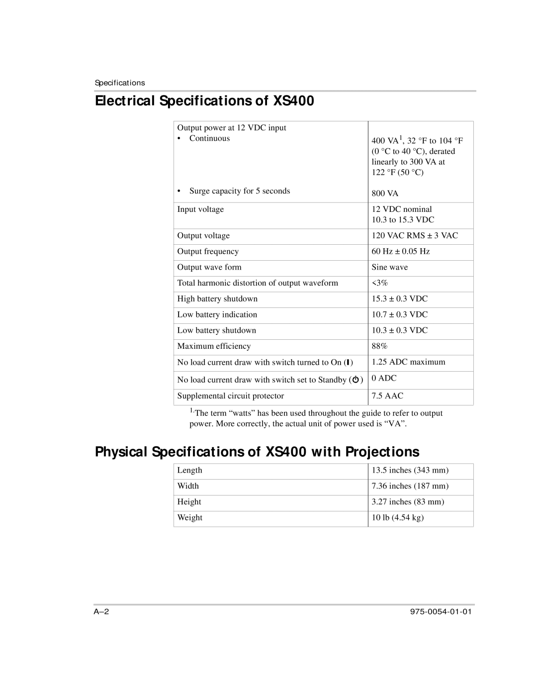 Xantrex Technology manual Electrical Specifications of XS400, Physical Specifications of XS400 with Projections 