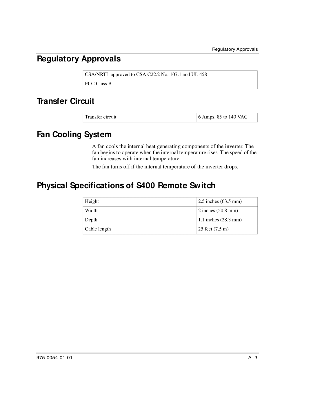 Xantrex Technology XS400 manual Regulatory Approvals, Transfer Circuit, Fan Cooling System 