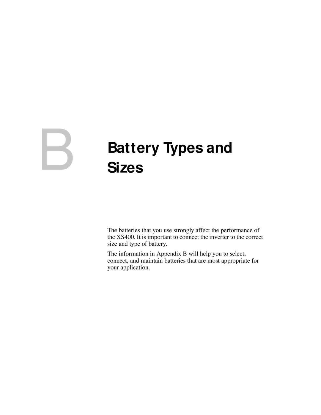 Xantrex Technology XS400 manual BatterySizes Types 