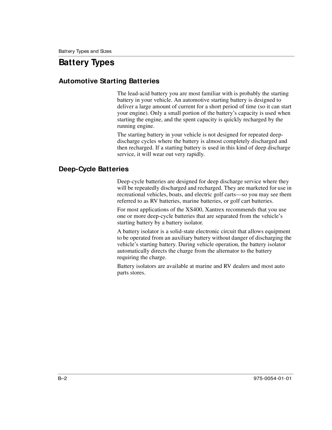 Xantrex Technology XS400 manual Battery Types, Automotive Starting Batteries, Deep-Cycle Batteries 