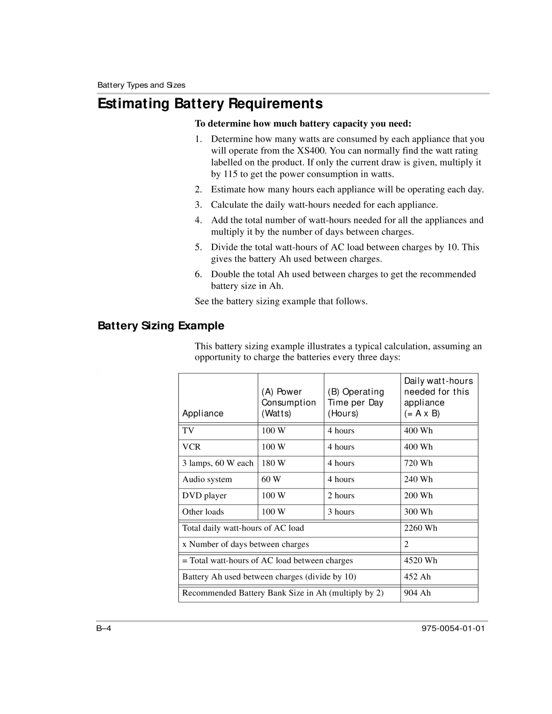 Xantrex Technology XS400 manual Estimating Battery Requirements, Battery Sizing Example 