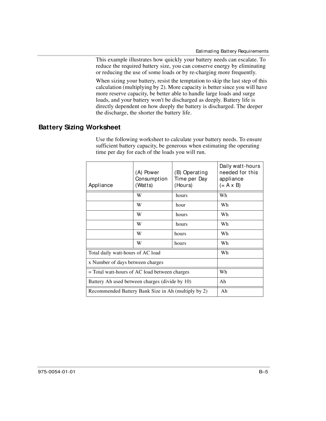 Xantrex Technology XS400 manual Battery Sizing Worksheet 