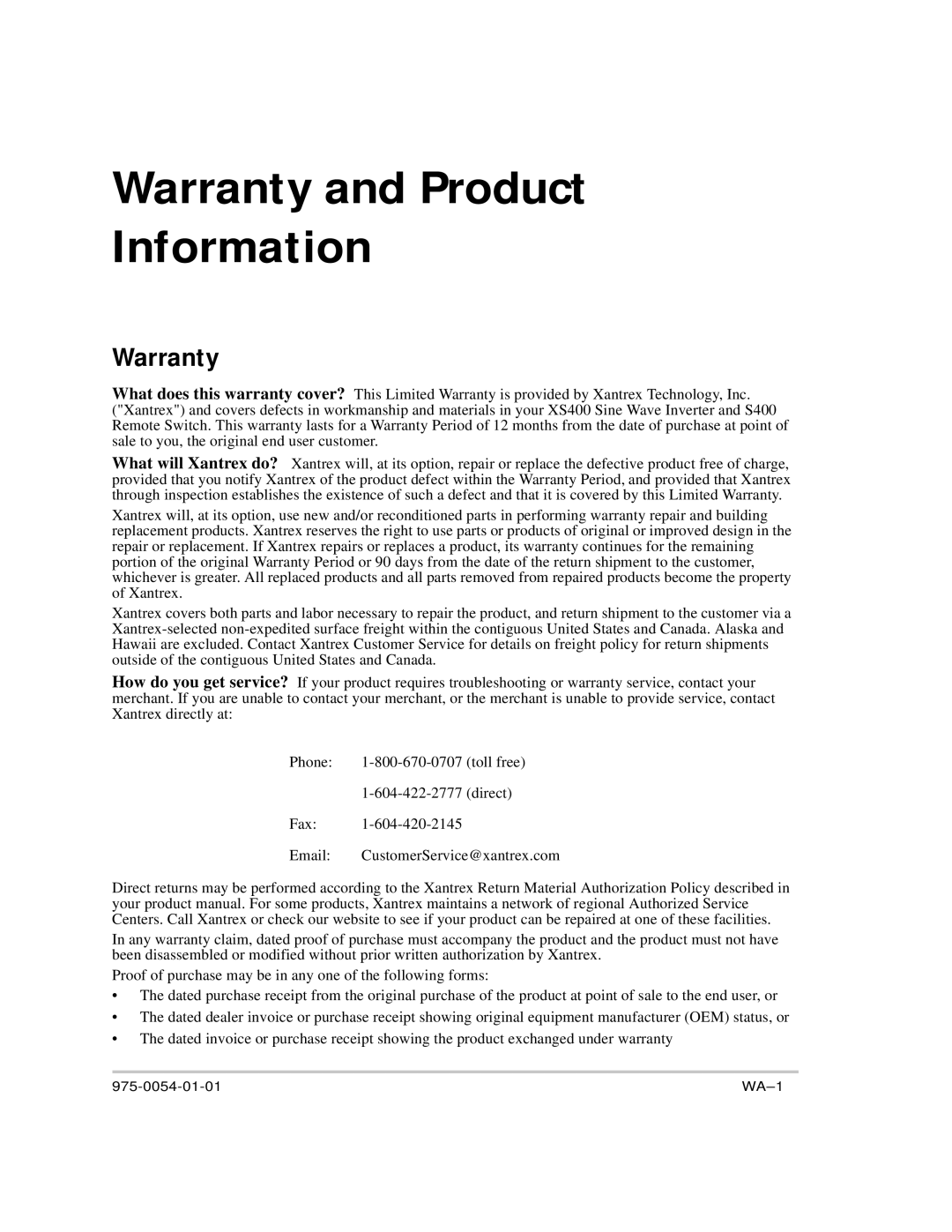 Xantrex Technology XS400 manual Warranty and Product Information 