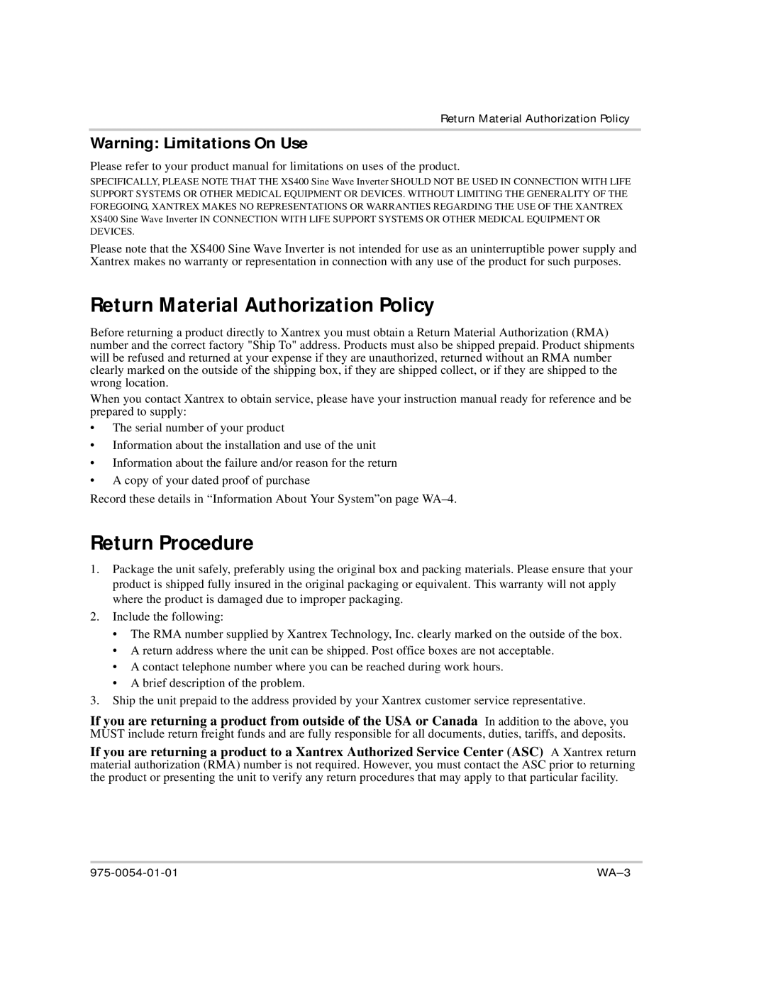 Xantrex Technology XS400 manual Return Material Authorization Policy, Return Procedure 