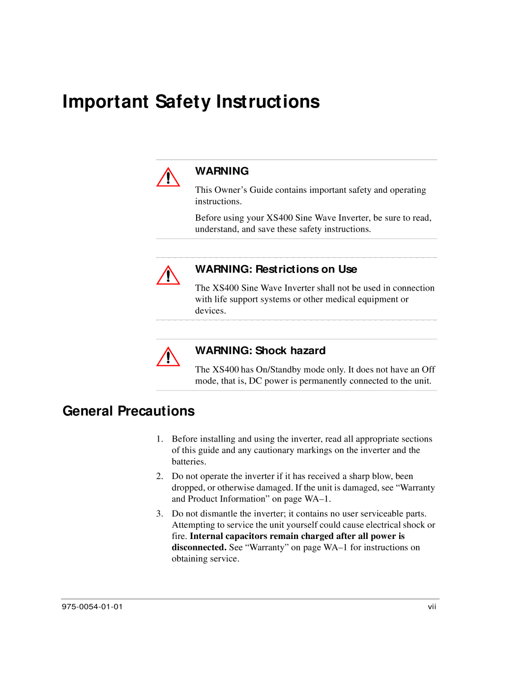 Xantrex Technology XS400 manual Important Safety Instructions, General Precautions 