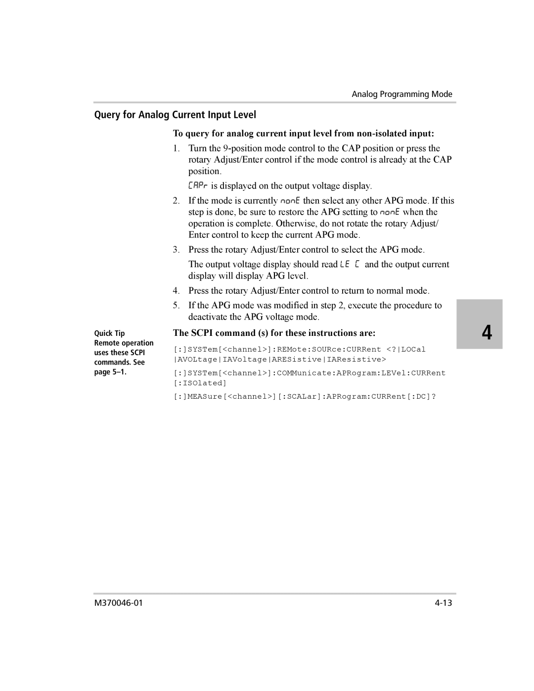 Xantrex Technology XTR 850 WATT SERIES Query for Analog Current Input Level, Scpi command s for these instructions are 