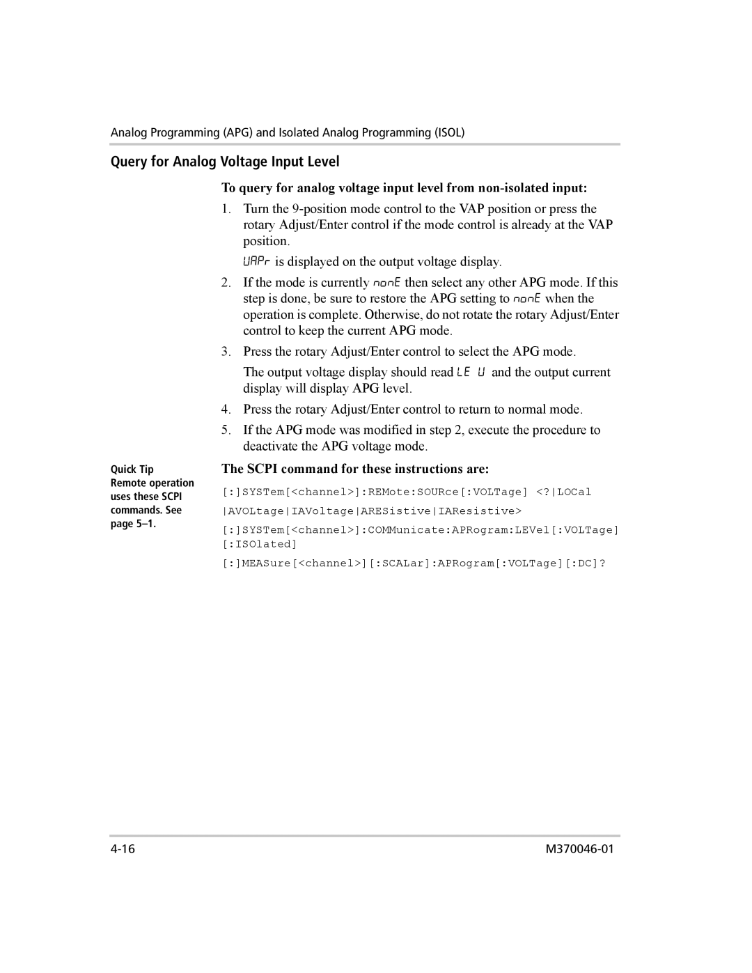 Xantrex Technology XTR 850 WATT SERIES manual Query for Analog Voltage Input Level, Scpi command for these instructions are 