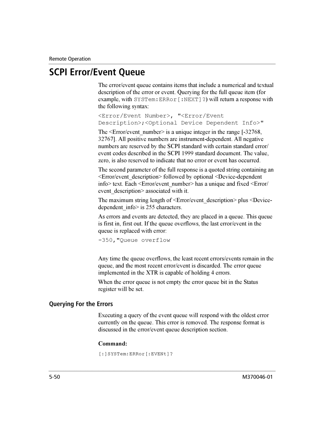 Xantrex Technology XTR 850 WATT SERIES manual Scpi Error/Event Queue, Querying For the Errors 