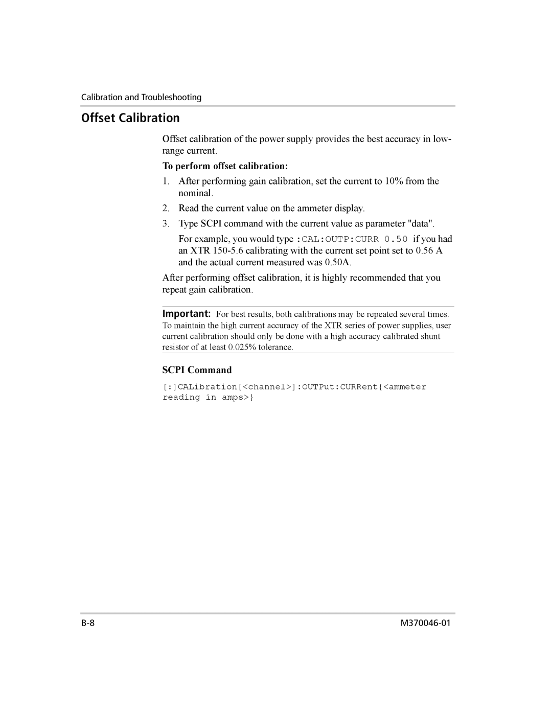 Xantrex Technology XTR 850 WATT SERIES manual CALibrationchannelOUTPutCURRentammeter reading in amps 