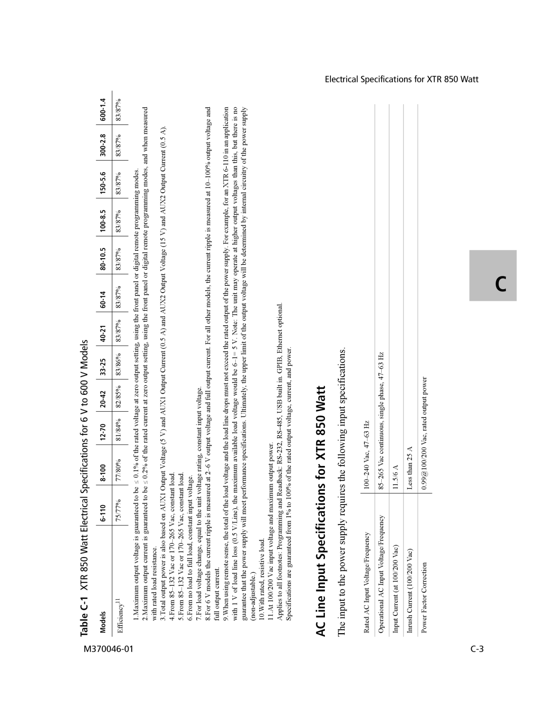 Xantrex Technology XTR 850 WATT SERIES manual AC Line Input Specifications for XTR 850 Watt 