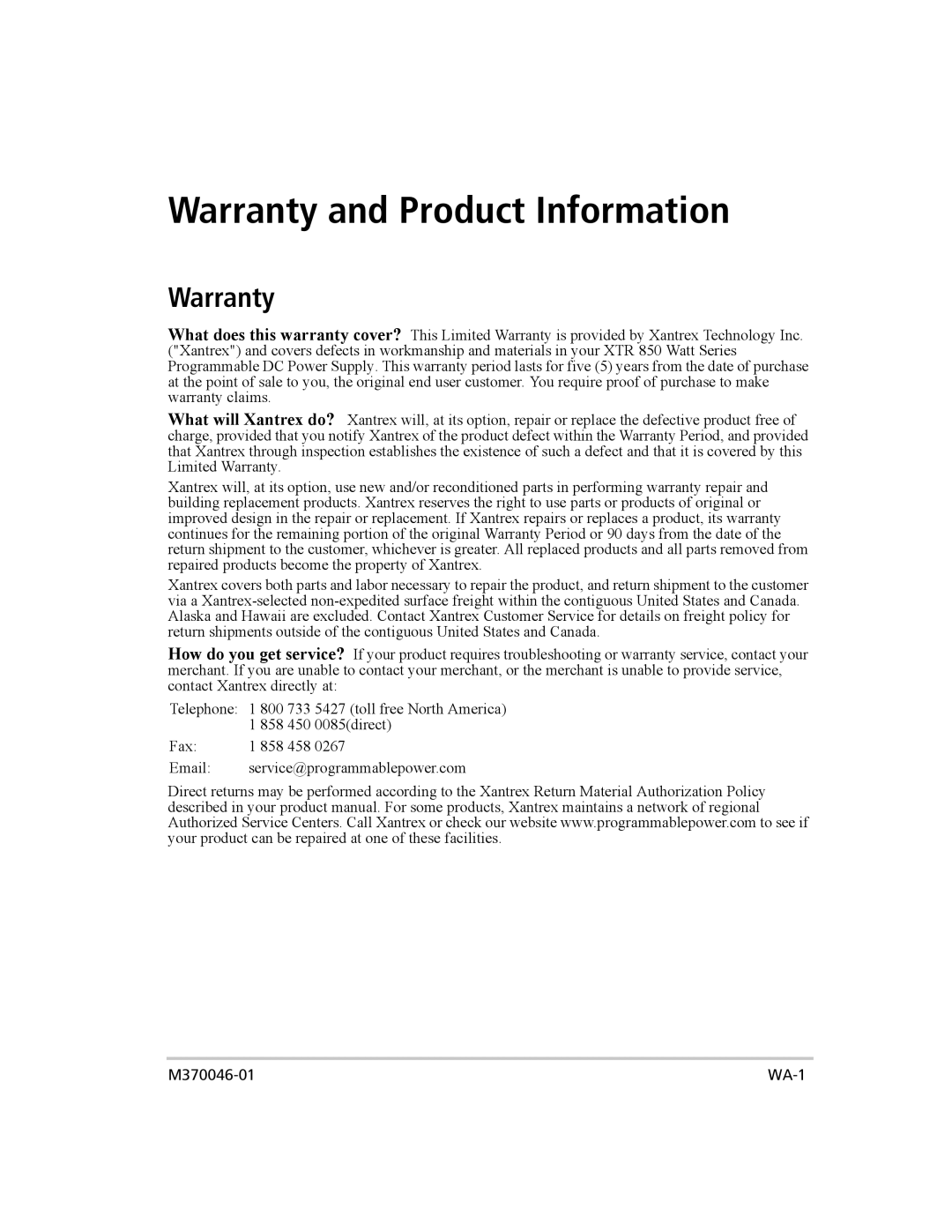 Xantrex Technology XTR 850 WATT SERIES manual Warranty and Product Information 