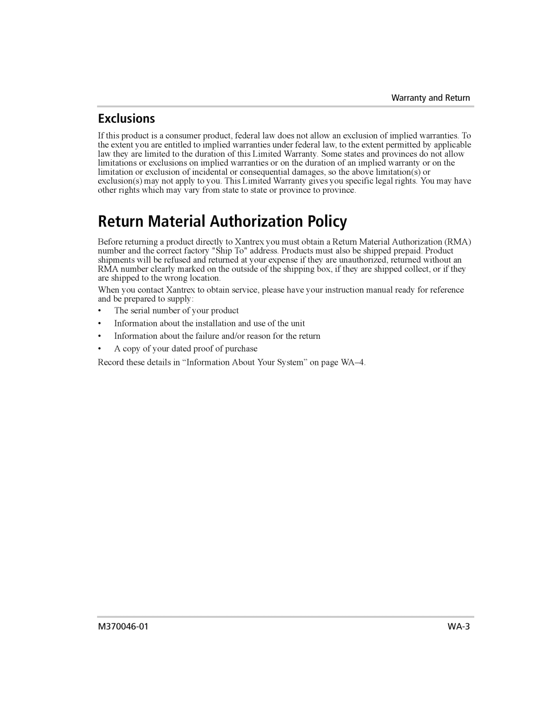 Xantrex Technology XTR 850 WATT SERIES manual Return Material Authorization Policy, Exclusions 