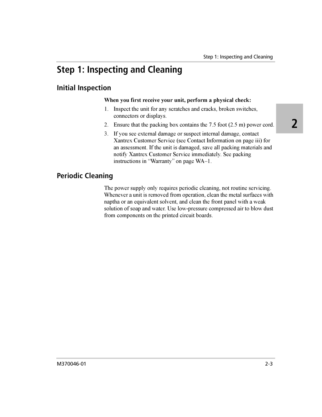 Xantrex Technology XTR 850 WATT SERIES manual Inspecting and Cleaning, Initial Inspection, Periodic Cleaning 