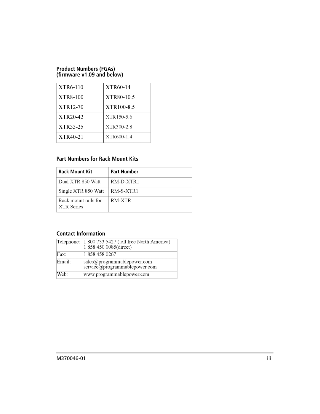 Xantrex Technology XTR 850 WATT SERIES manual Product Numbers FGAs firmware v1.09 and below, Rack Mount Kit Part Number 