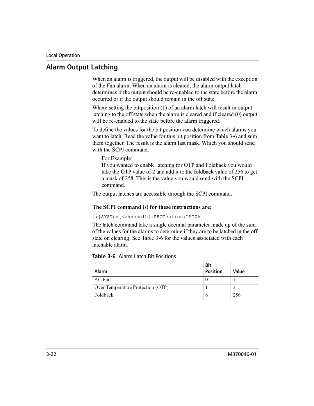 Xantrex Technology XTR 850 WATT SERIES manual Alarm Output Latching, 6Alarm Latch Bit Positions, Bit Alarm Position Value 