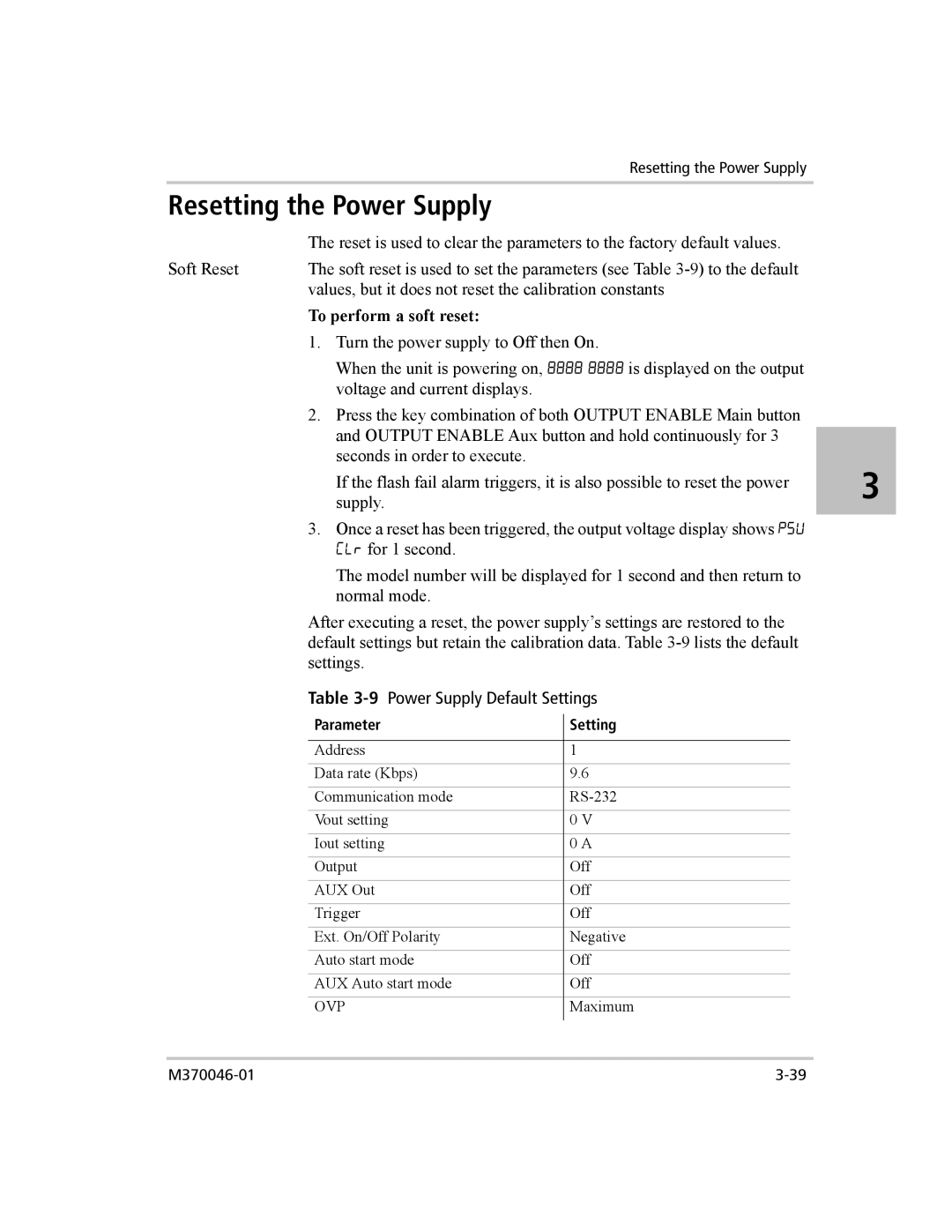 Xantrex Technology XTR 850 WATT SERIES Resetting the Power Supply, To perform a soft reset, 9Power Supply Default Settings 