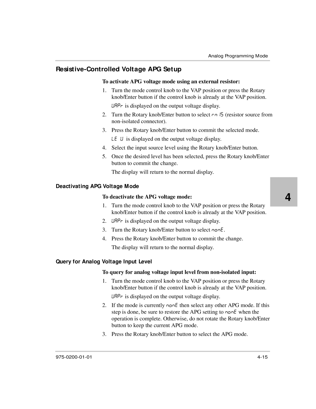 Xantrex Technology manual Resistive-Controlled Voltage APG Setup, To activate APG voltage mode using an external resistor 