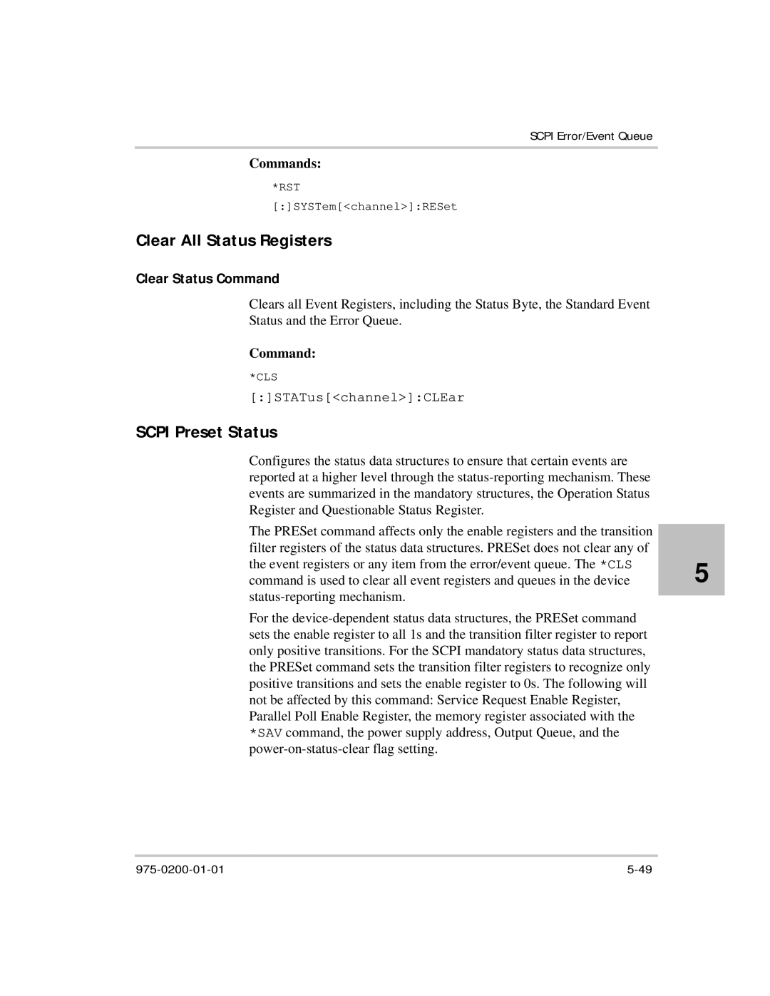 Xantrex Technology XTR 850 Watt manual Clear All Status Registers, Scpi Preset Status, Clear Status Command, Commands 