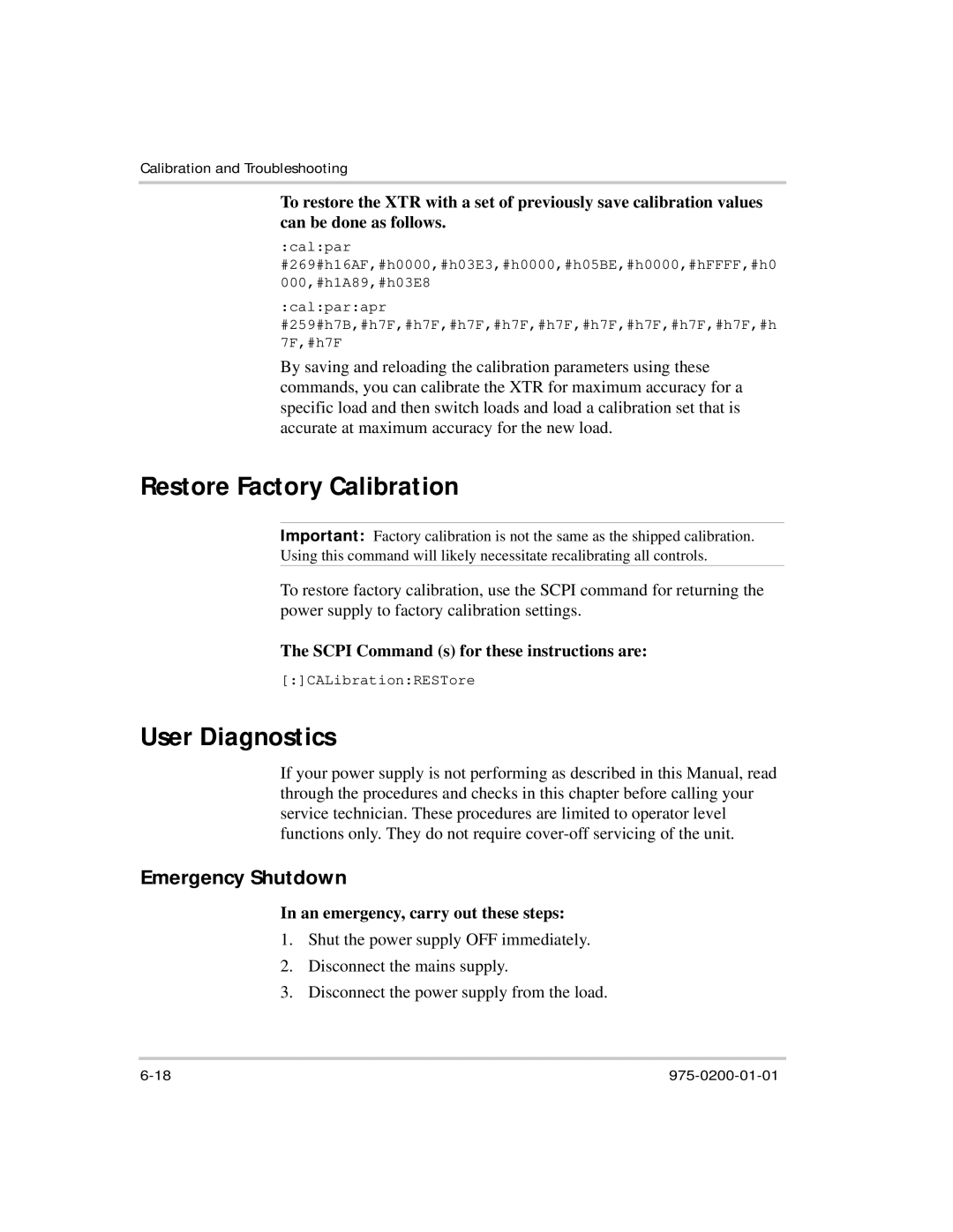 Xantrex Technology XTR 850 Watt manual Restore Factory Calibration, User Diagnostics, Emergency Shutdown 