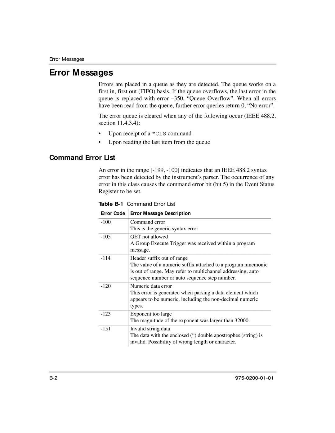 Xantrex Technology XTR 850 Watt manual Error Messages, Command Error List, Error Message Description 