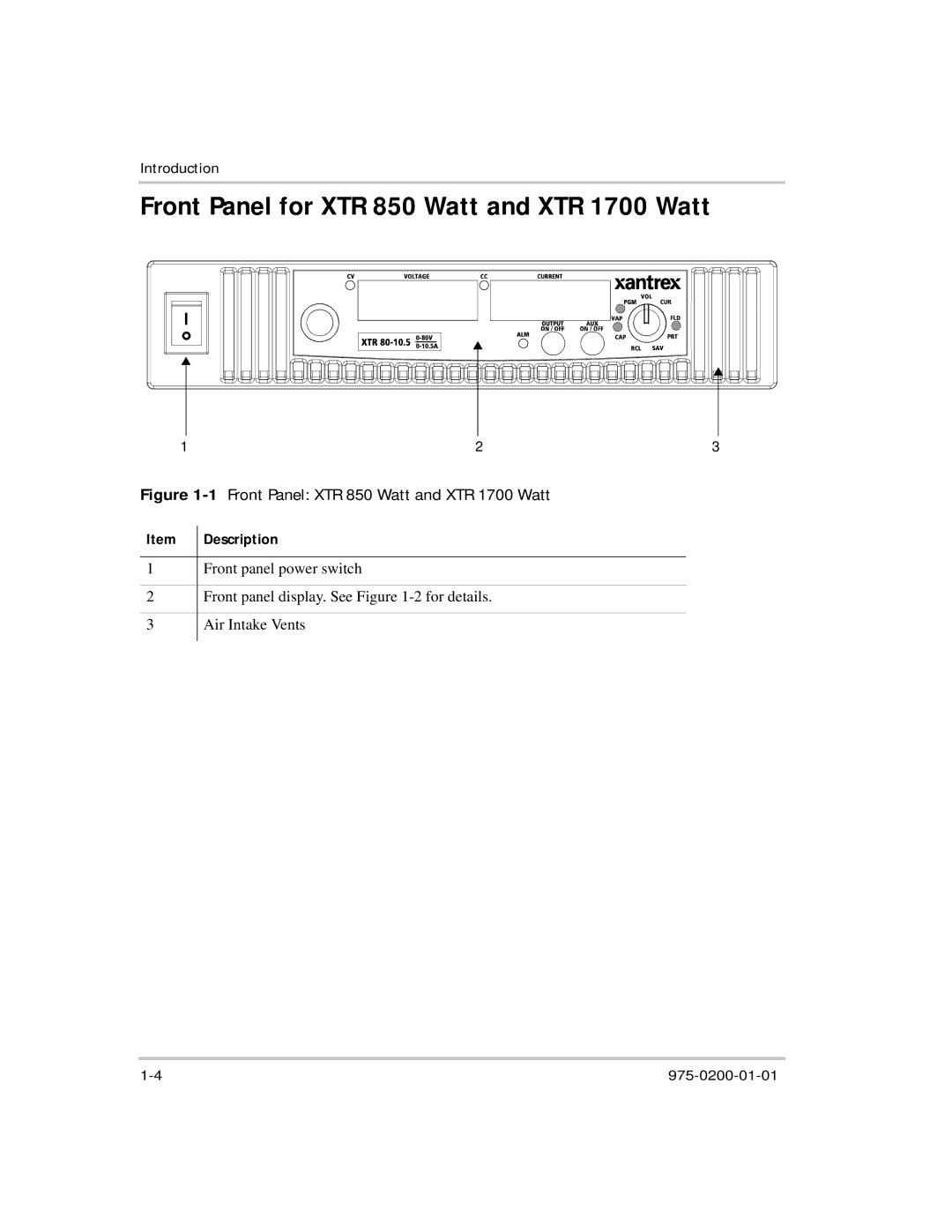 Xantrex Technology manual Front Panel for XTR 850 Watt and XTR 1700 Watt, Item Description 