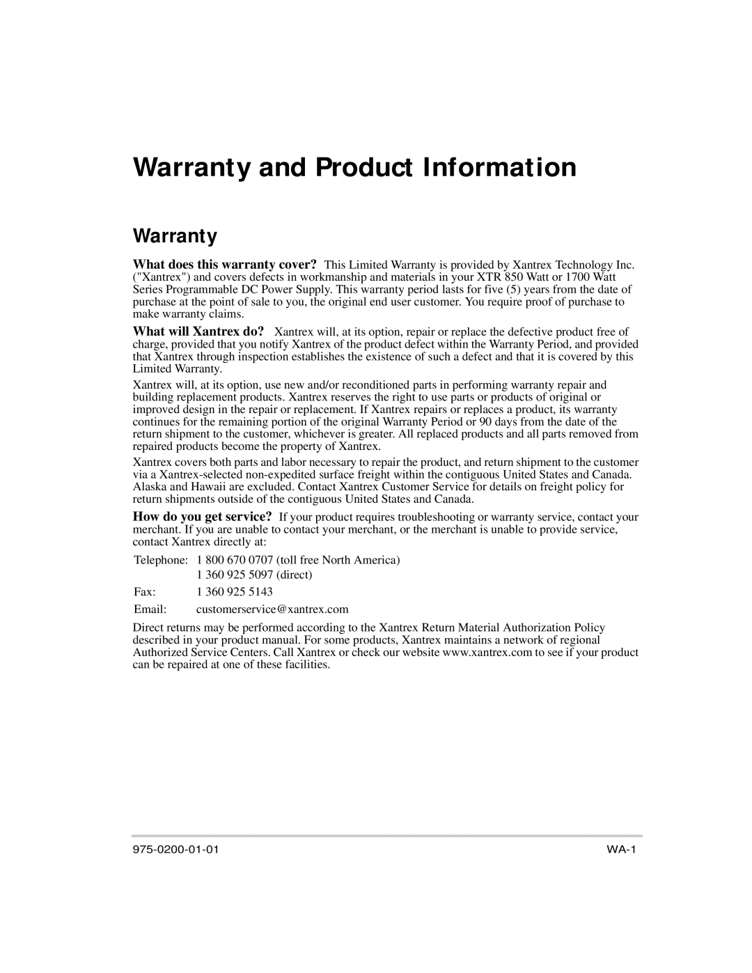 Xantrex Technology XTR 850 Watt manual Warranty and Product Information 