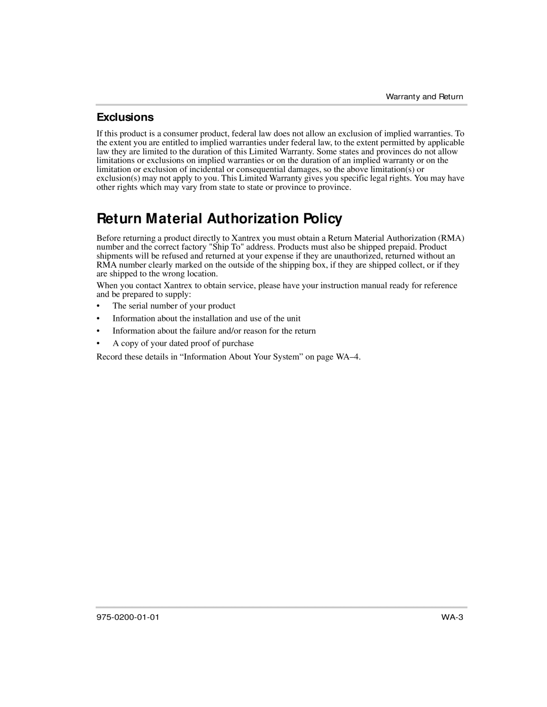 Xantrex Technology XTR 850 Watt manual Return Material Authorization Policy, Exclusions 