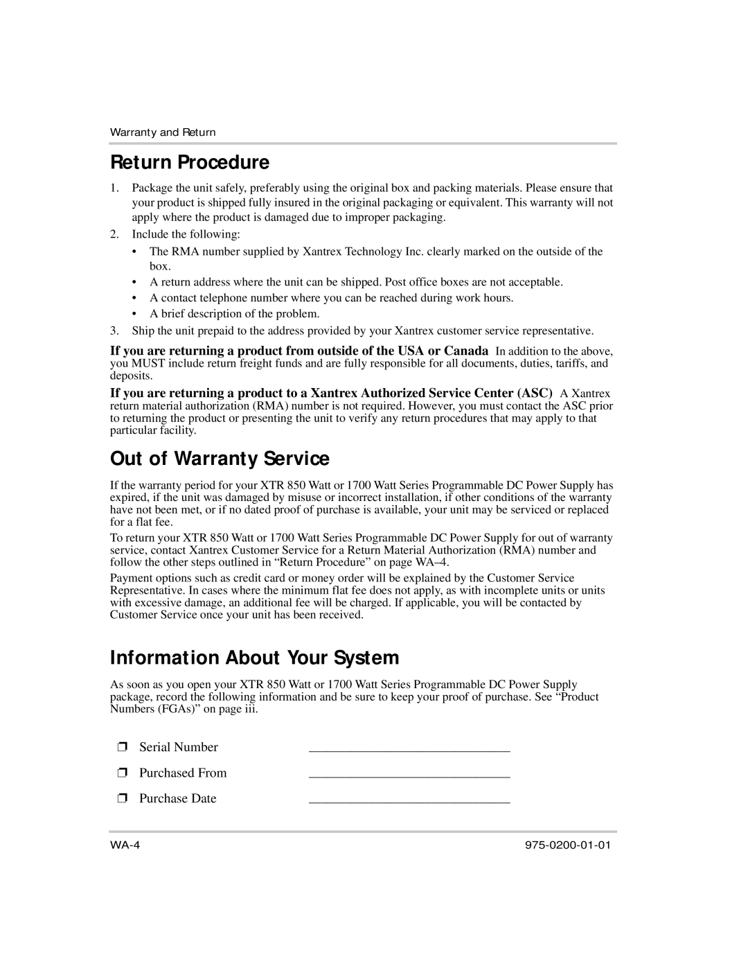 Xantrex Technology XTR 850 Watt manual Return Procedure, Out of Warranty Service, Information About Your System 