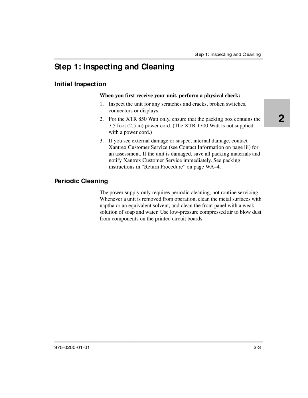 Xantrex Technology XTR 850 Watt manual Inspecting and Cleaning, Initial Inspection, Periodic Cleaning 