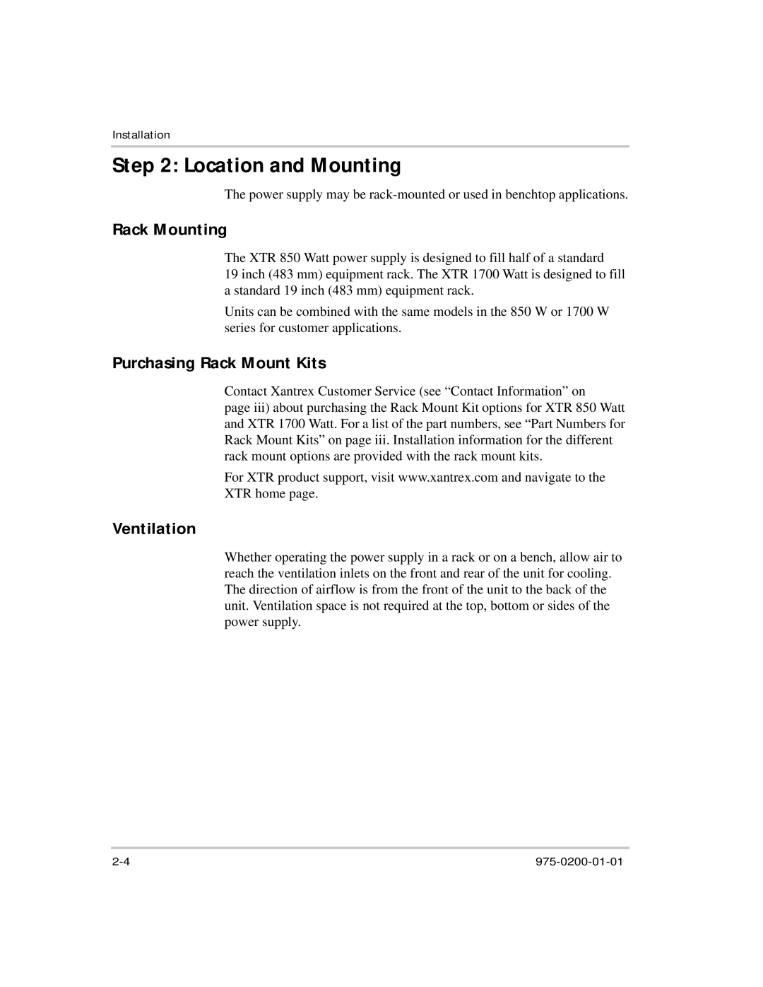 Xantrex Technology XTR 850 Watt manual Location and Mounting, Rack Mounting, Purchasing Rack Mount Kits, Ventilation 