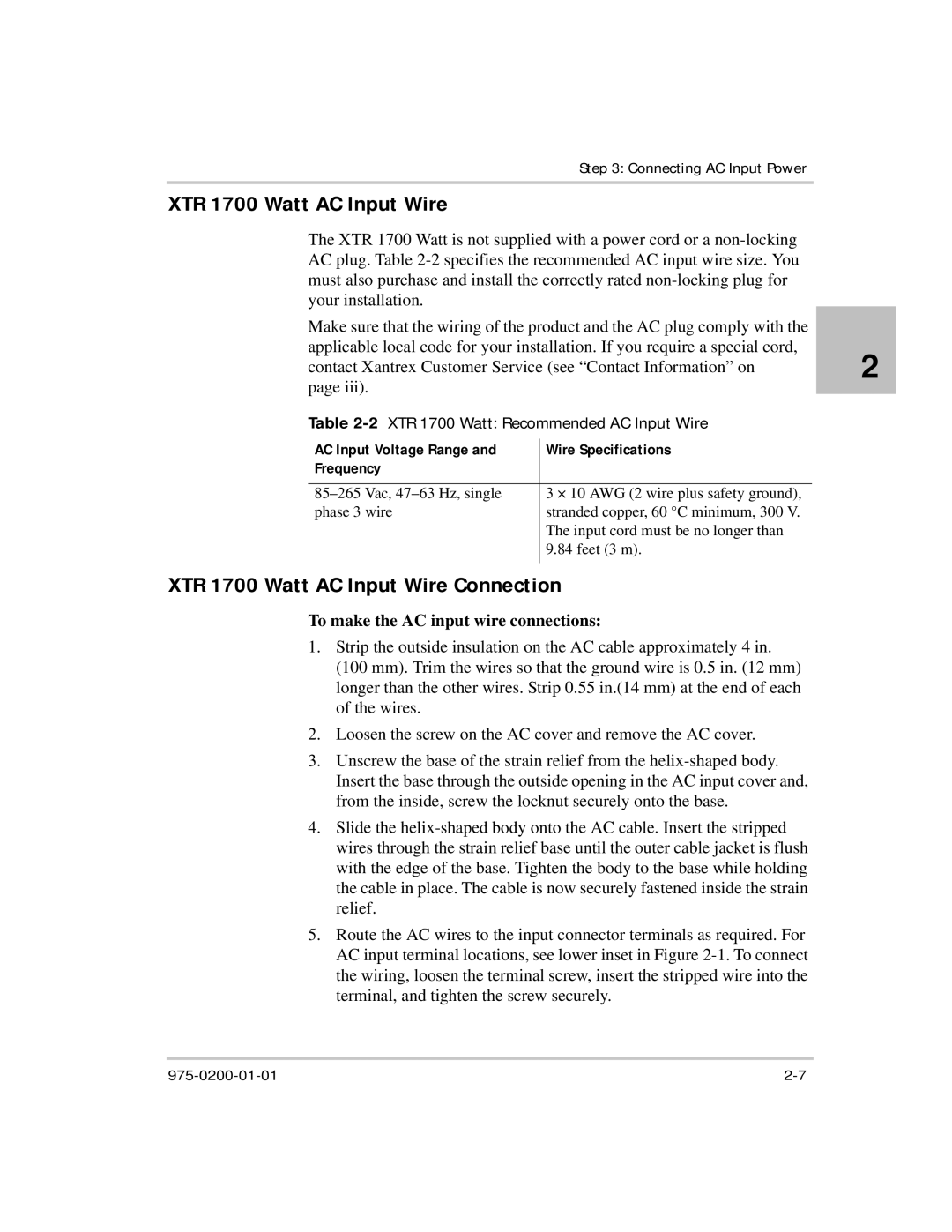 Xantrex Technology XTR 850 Watt manual XTR 1700 Watt AC Input Wire Connection, 2XTR 1700 Watt Recommended AC Input Wire 