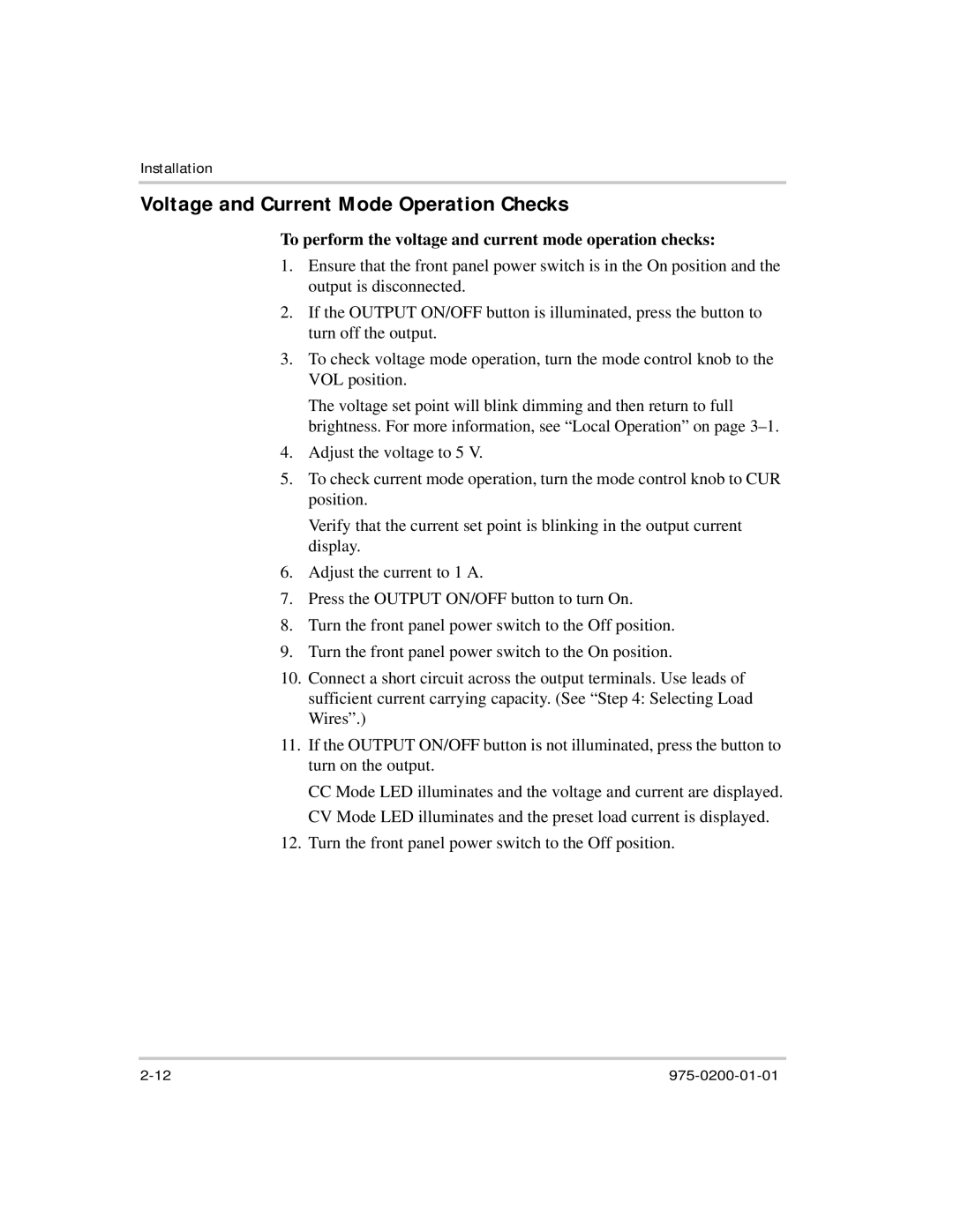 Xantrex Technology XTR 850 Watt manual Voltage and Current Mode Operation Checks 