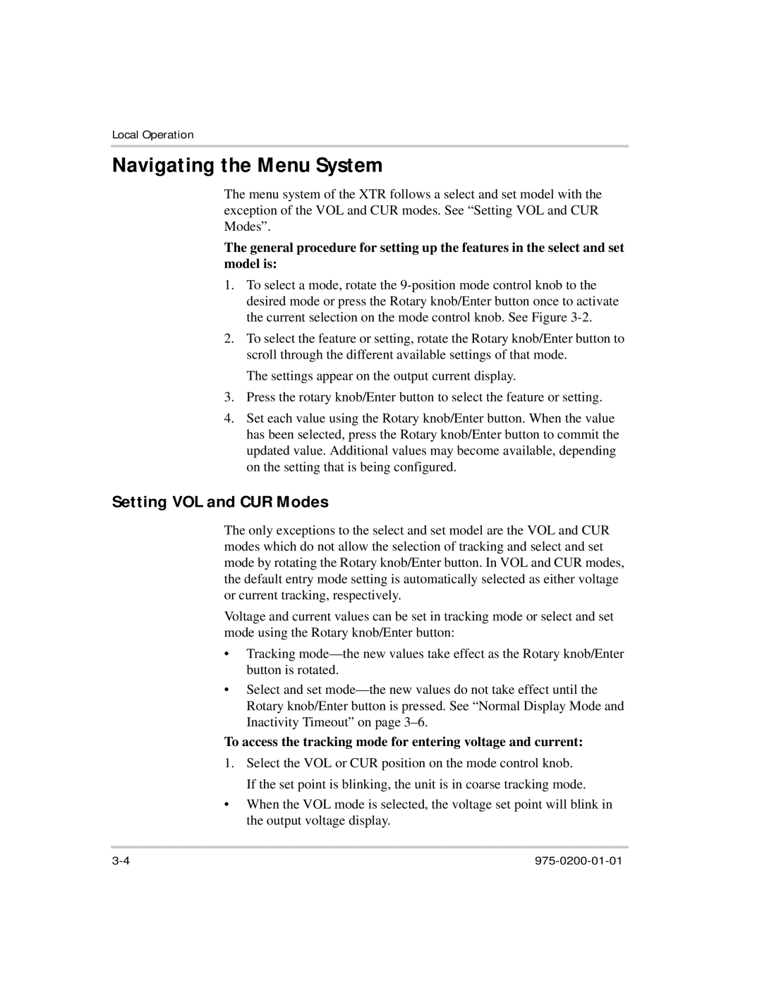 Xantrex Technology XTR 850 Watt manual Navigating the Menu System, Setting VOL and CUR Modes 