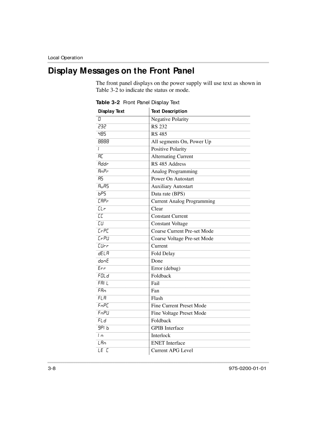 Xantrex Technology XTR 850 Watt manual Display Messages on the Front Panel, 2Front Panel Display Text 