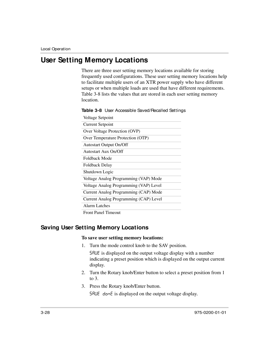 Xantrex Technology XTR 850 Watt manual Saving User Setting Memory Locations, 8User Accessible Saved/Recalled Settings 