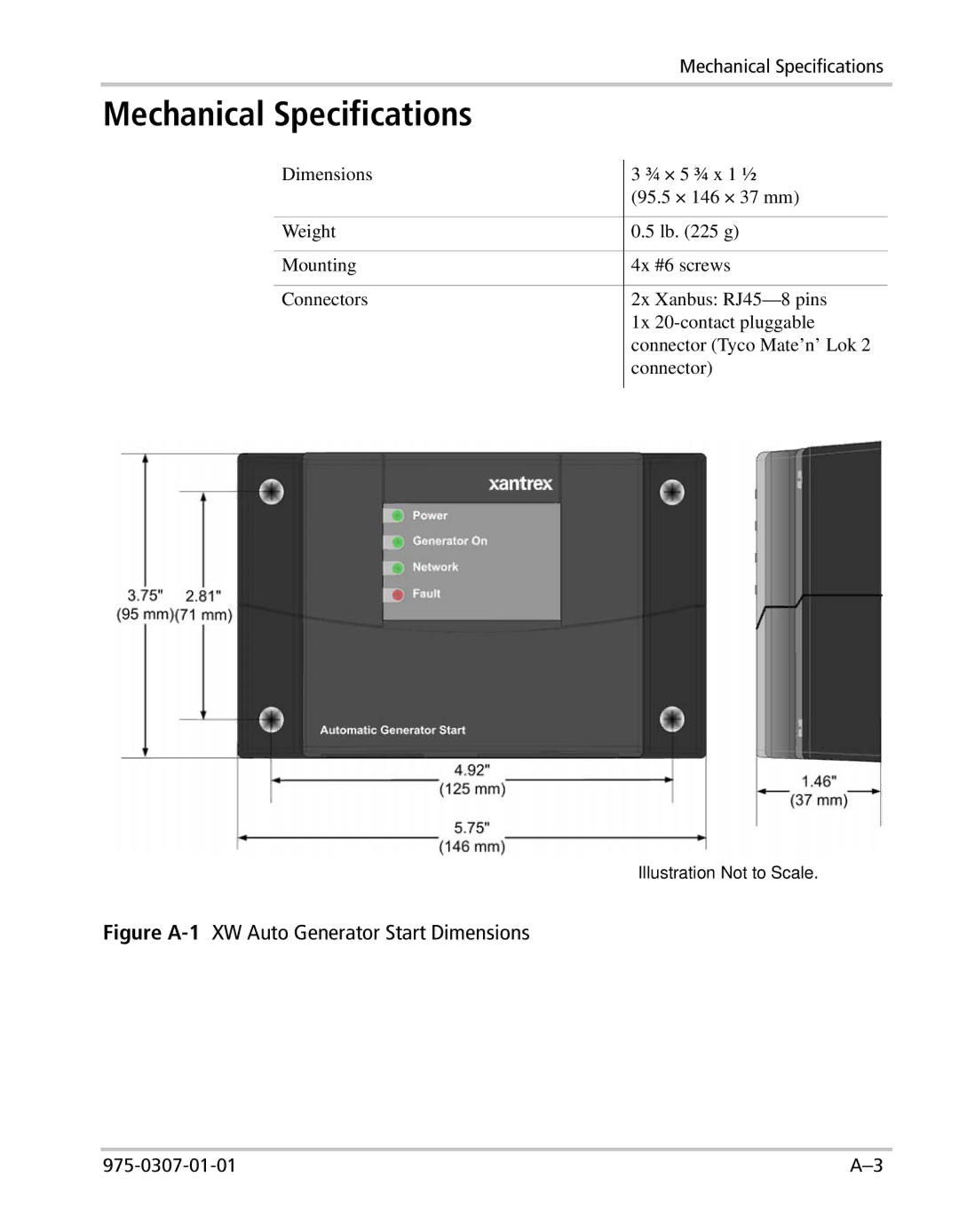 Xantrex Technology manual Mechanical Specifications, Figure A-1XW Auto Generator Start Dimensions 