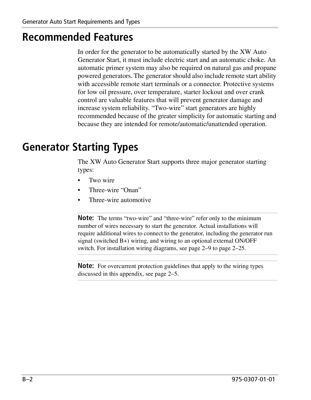 Xantrex Technology XW manual Recommended Features, Generator Starting Types 