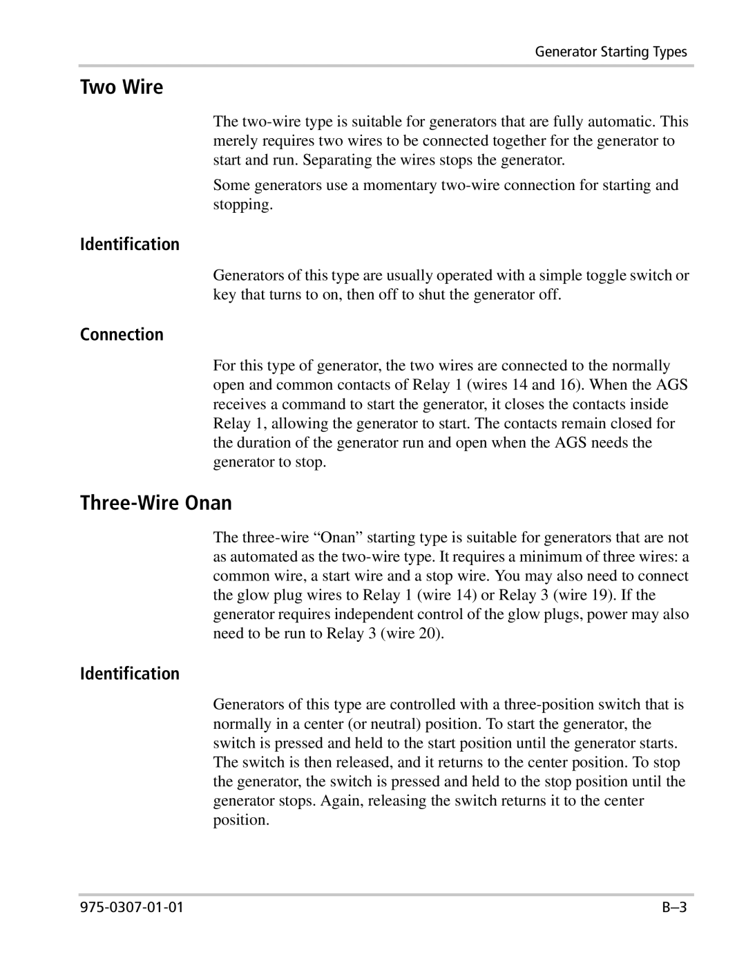 Xantrex Technology XW manual Two Wire, Three-Wire Onan, Identification, Connection 