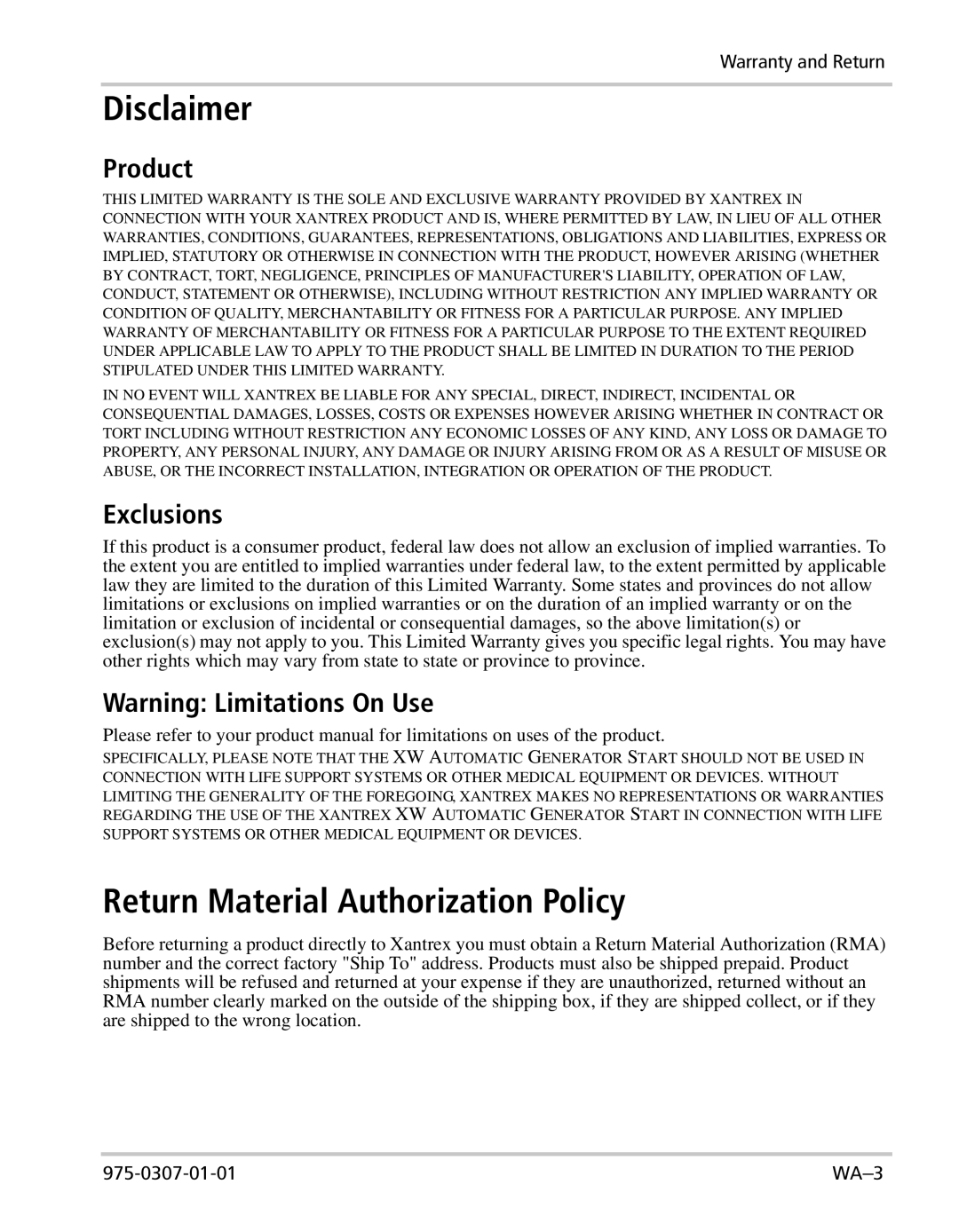 Xantrex Technology XW manual Disclaimer, Return Material Authorization Policy, Product, Exclusions 