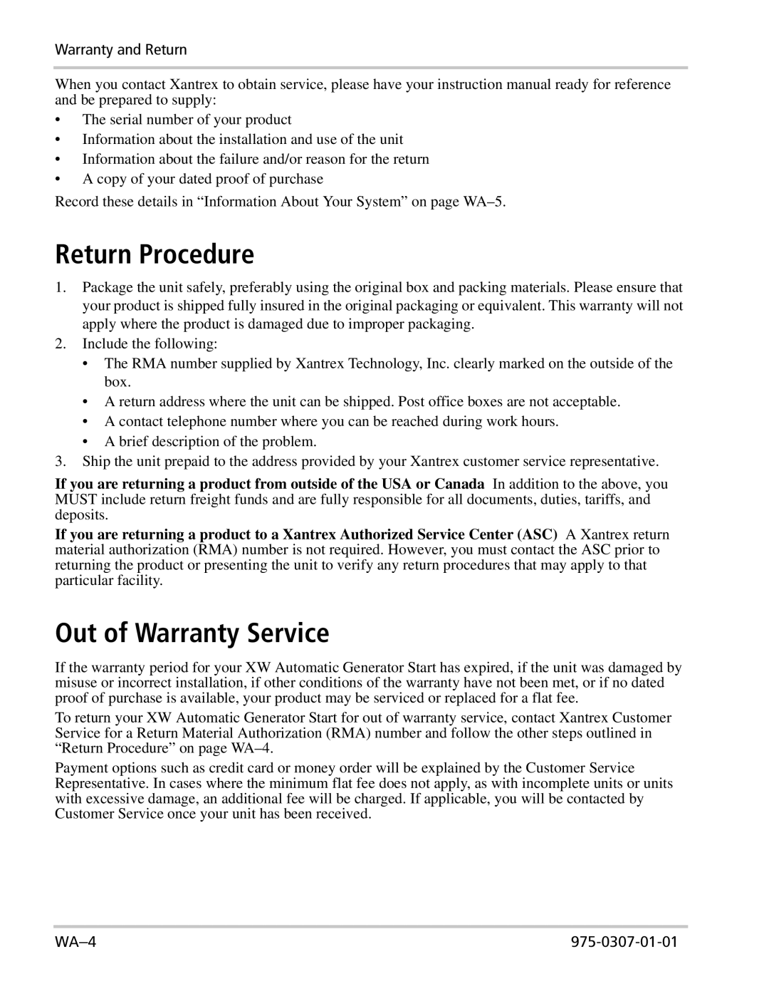 Xantrex Technology XW manual Return Procedure, Out of Warranty Service 