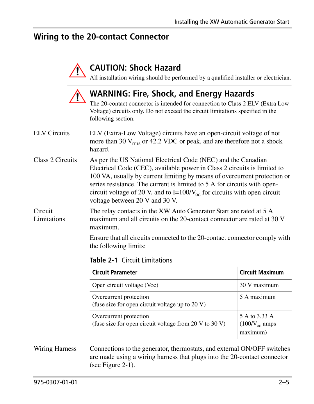 Xantrex Technology XW manual Wiring to the 20-contact Connector, Circuit Parameter Circuit Maximum 