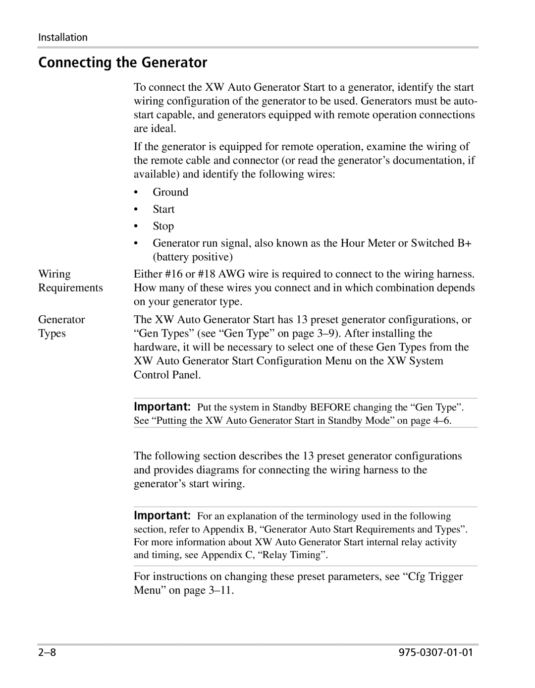 Xantrex Technology XW manual Connecting the Generator 