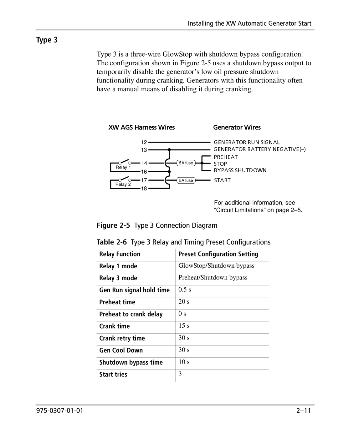 Xantrex Technology XW manual Preheat to crank delay Crank time, Shutdown bypass time 