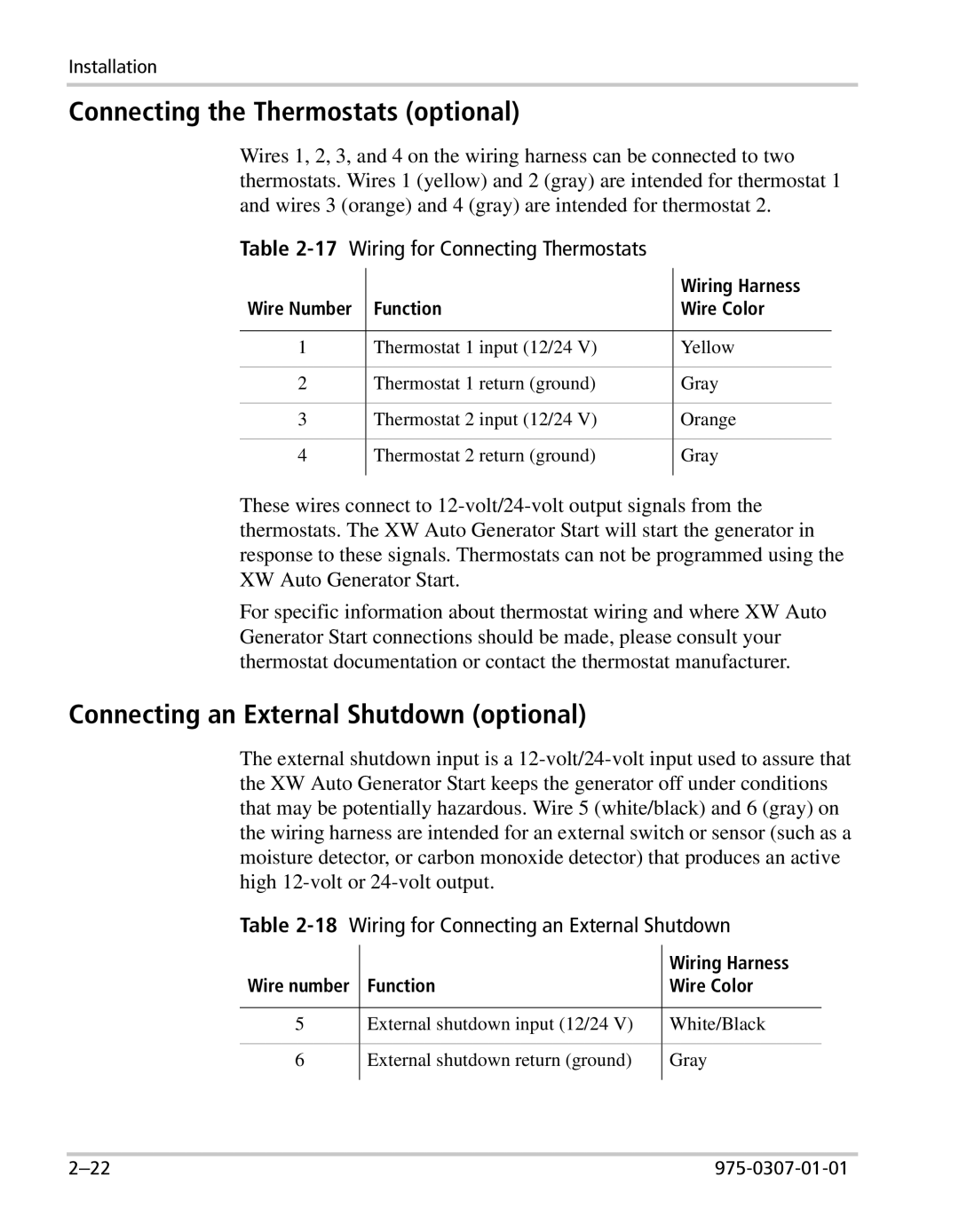 Xantrex Technology XW manual Connecting the Thermostats optional, Connecting an External Shutdown optional, Wiring Harness 