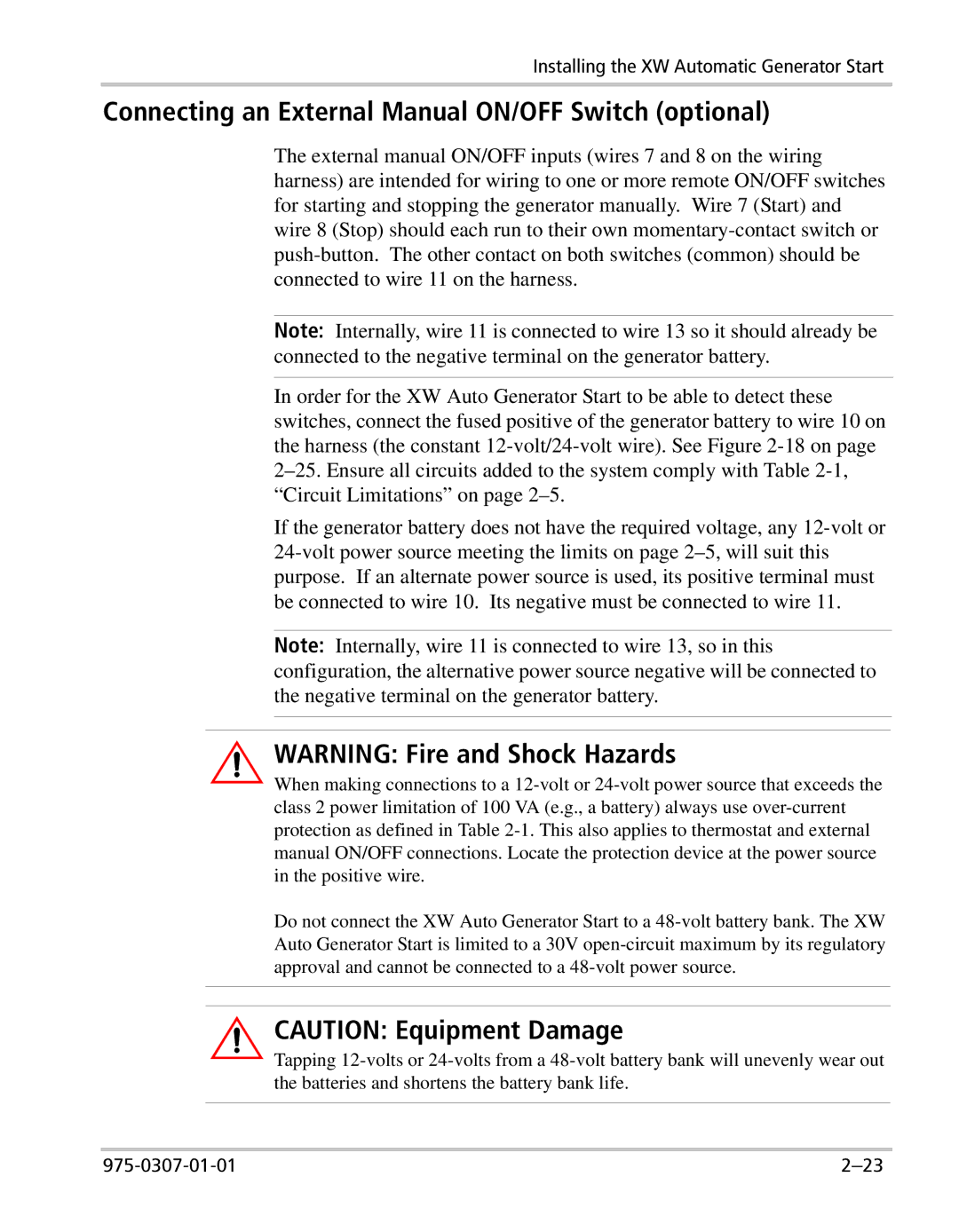 Xantrex Technology XW manual Connecting an External Manual ON/OFF Switch optional 