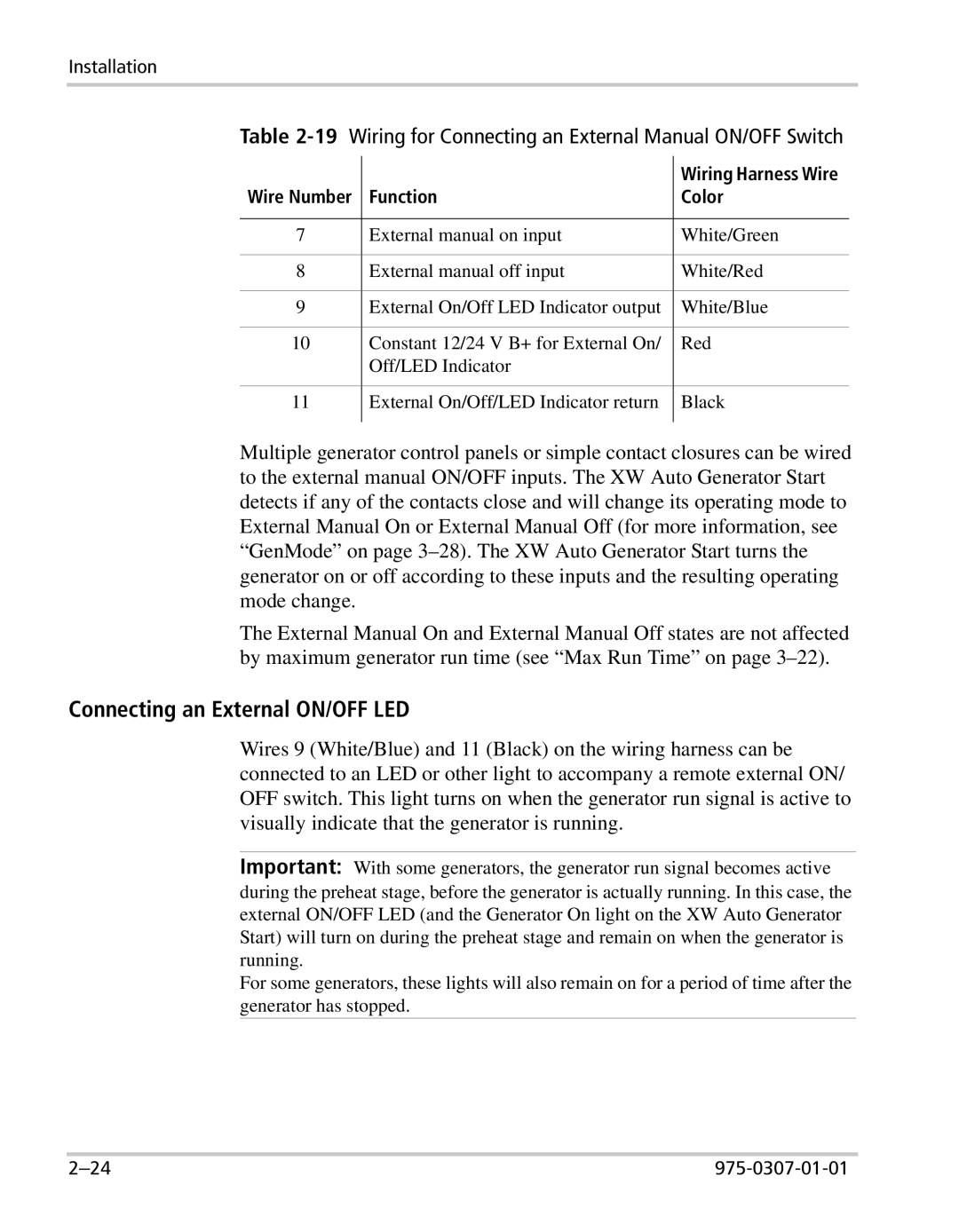 Xantrex Technology XW manual Connecting an External ON/OFF LED, Function Color 