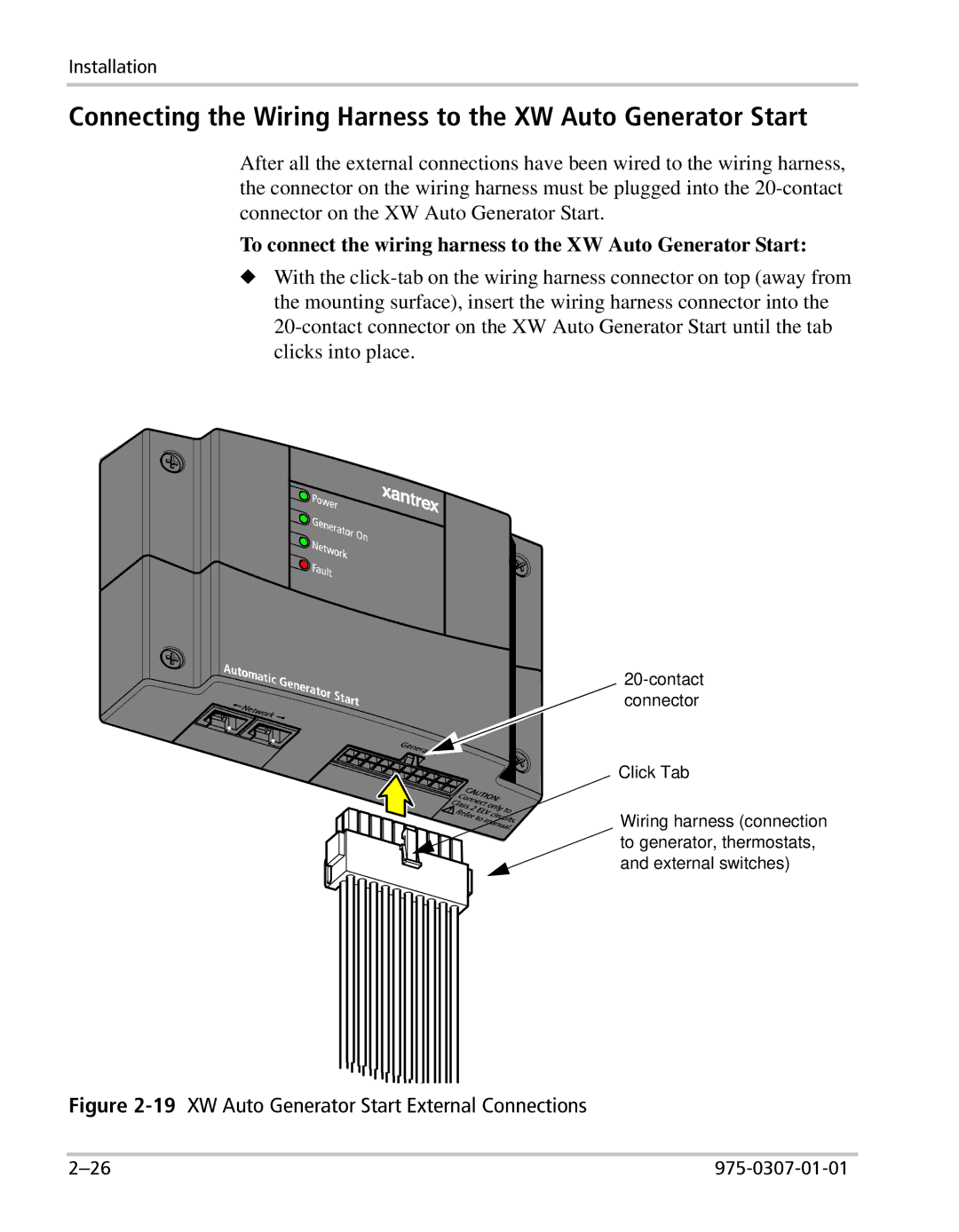 Xantrex Technology manual Connecting the Wiring Harness to the XW Auto Generator Start 