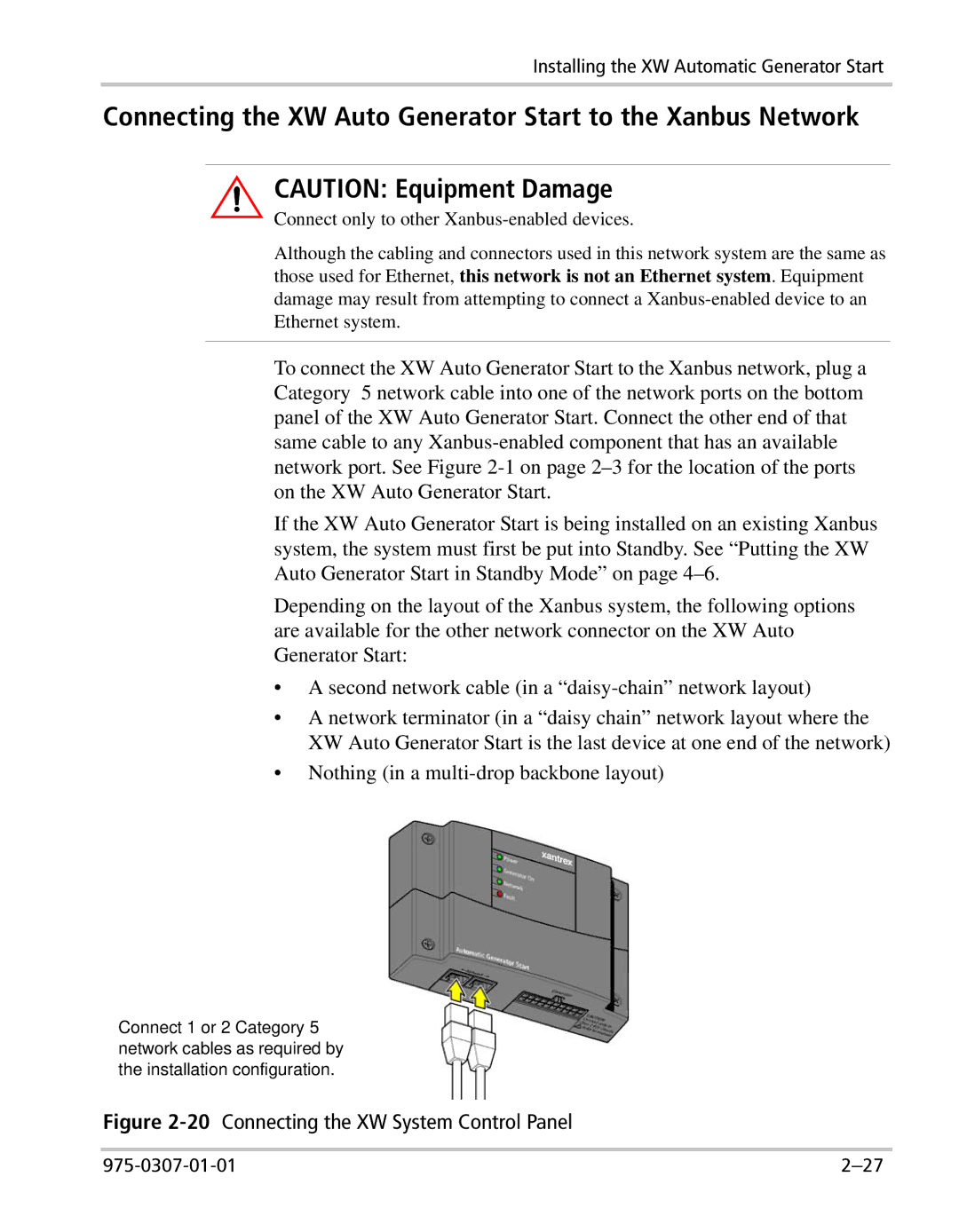 Xantrex Technology manual Connecting the XW Auto Generator Start to the Xanbus Network 