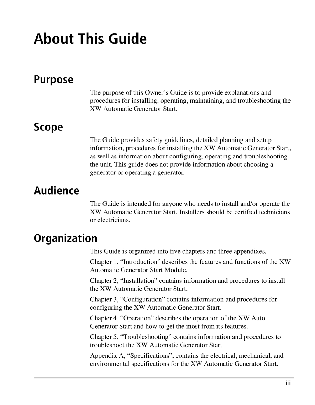 Xantrex Technology XW manual Purpose, Scope, Audience, Organization 