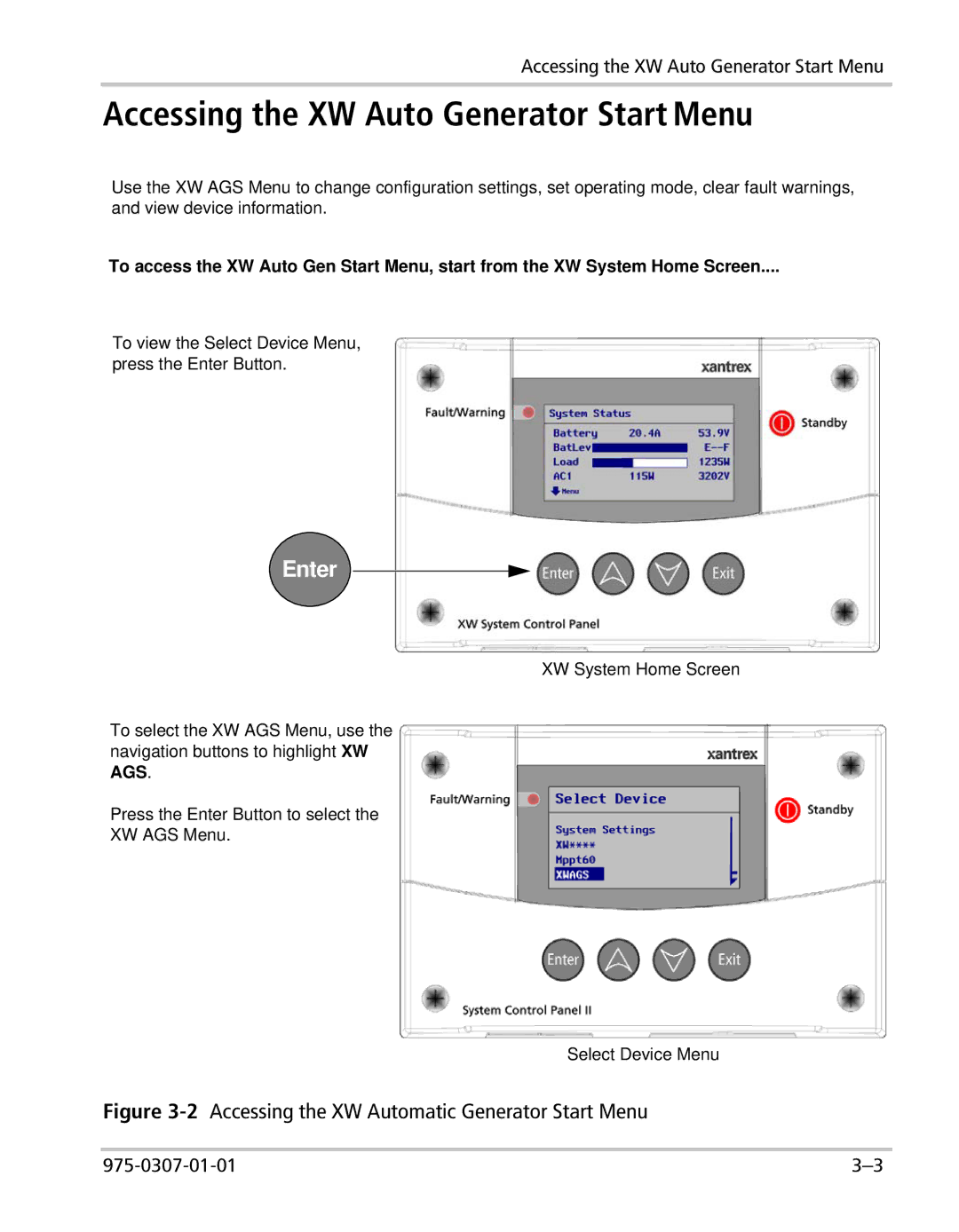 Xantrex Technology manual Accessing the XW Auto Generator Start Menu, 2Accessing the XW Automatic Generator Start Menu 